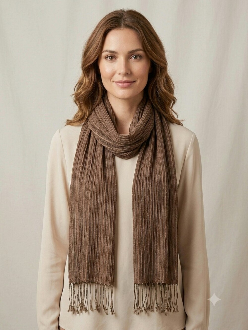Vintage Sheer Brown Scarf/Wrap With Gold Fringe 76×12"